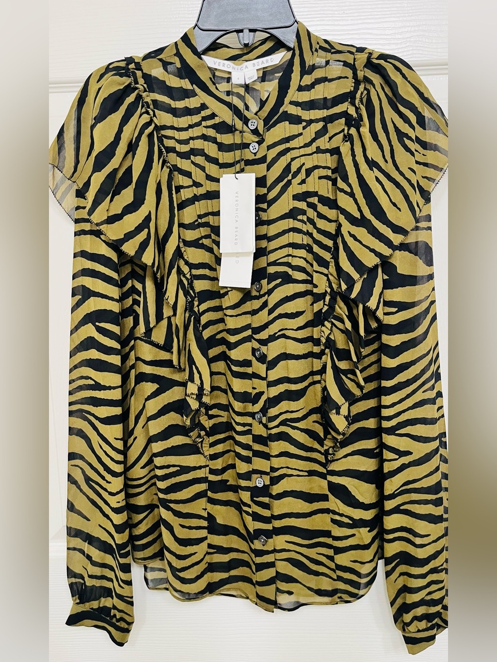 Veronica Beard Women Zebra Print Silk Ruffle Blouse. Size S ,NWT